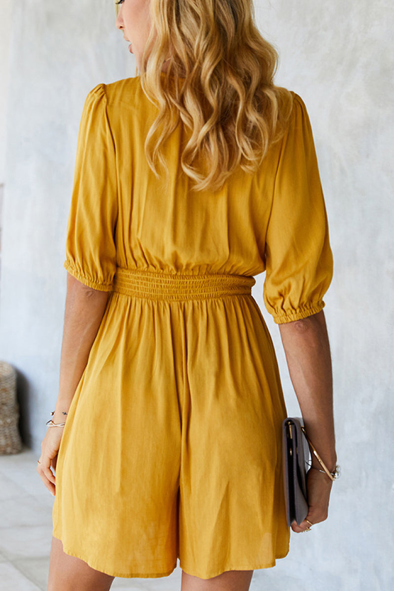 High Neck Button Smocked Waist Romper - LXM Fashion 