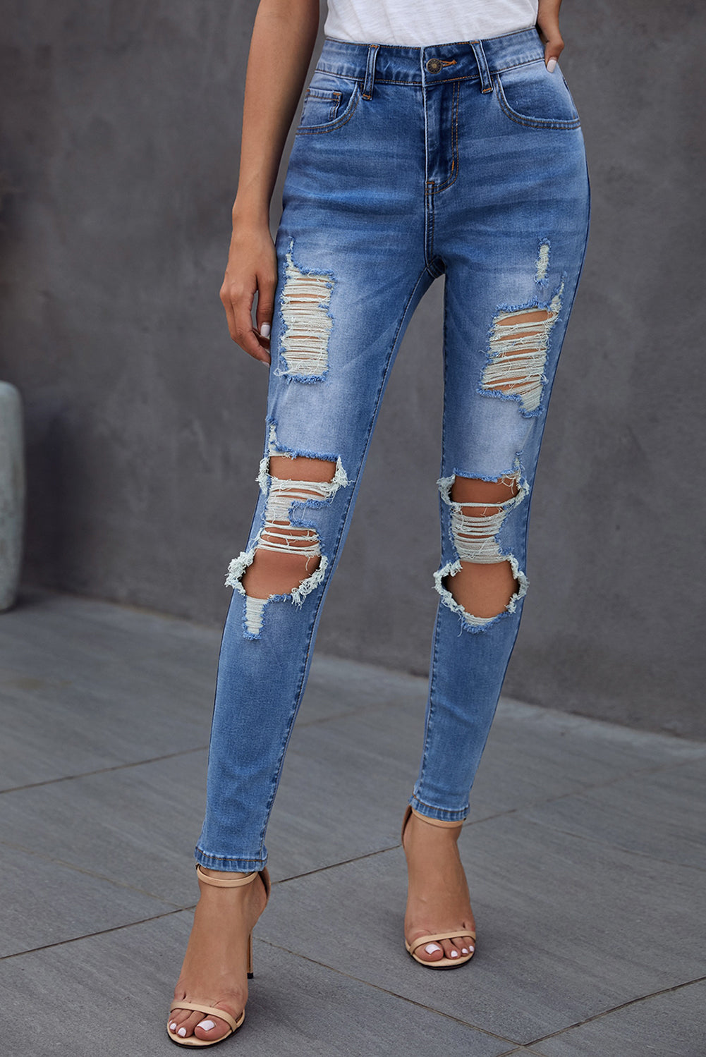 Fashion Collection Medium Wash Distressed Skinny Jeans - LXM Fashion 