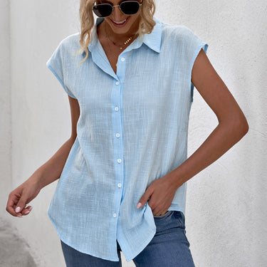 Cap-Sleeve Button Down Shirt - LXM Fashion 