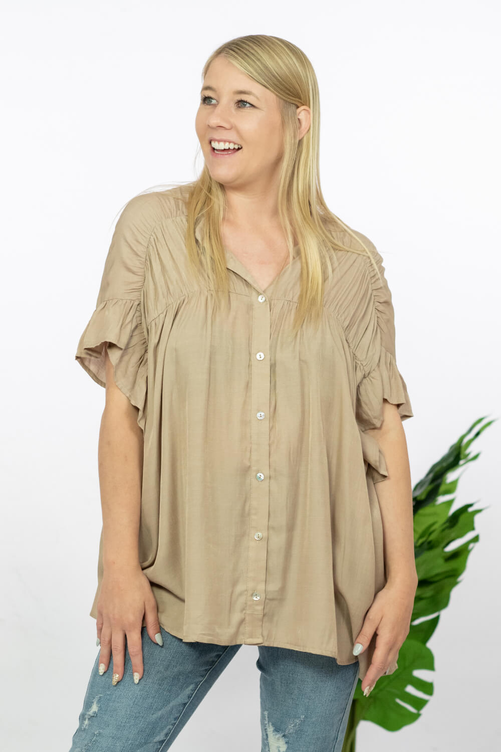 BiBi One Love Shirred Button-Down Shirt