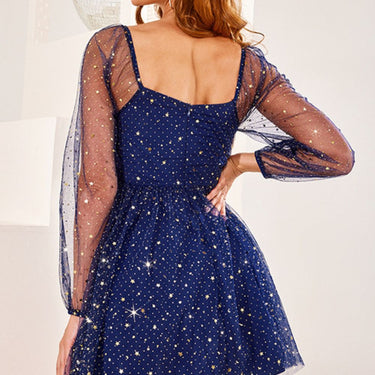 Star Print Mesh Sleeve Mini Tulle Dress - LXM Fashion 