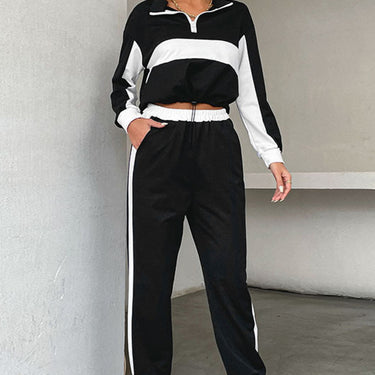 Striped Half Zip Cropped Sweatshirt and Joggers Set - LXM Fashion 
