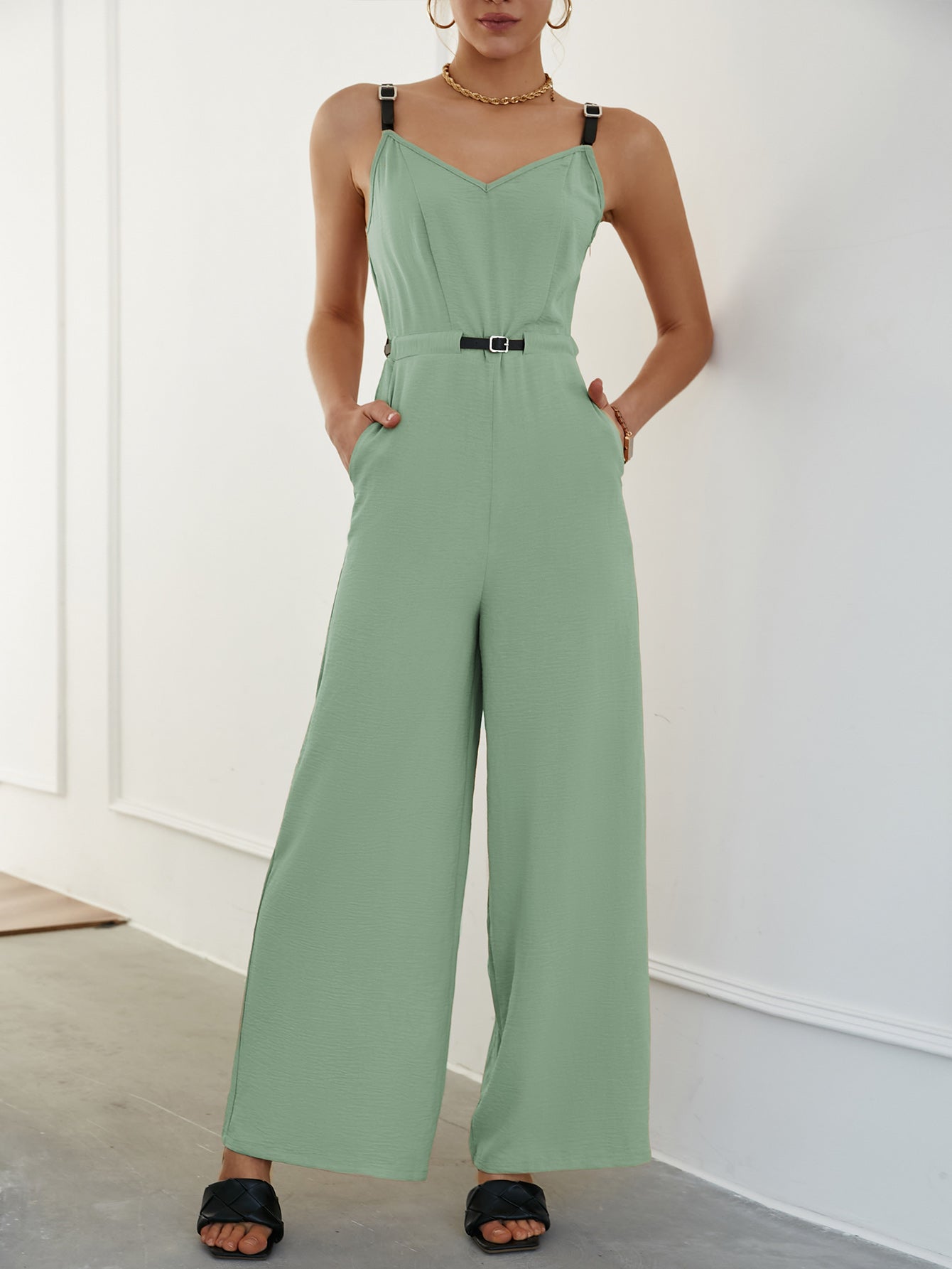 Belted Wide Leg Jumpsuit with Pockets - LXM Fashion 