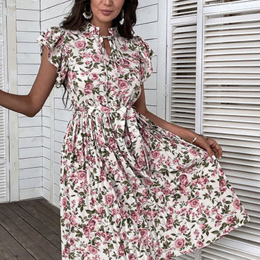 Floral Tie-Neck Flutter Sleeve Midi Dress - LXM Fashion 