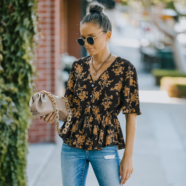 Floral V-Neck Peplum Blouse - LXM Fashion 