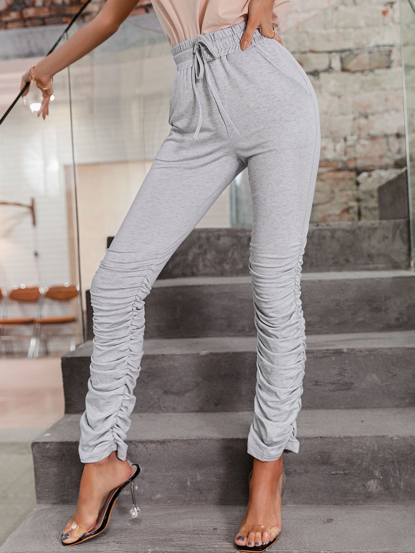 Glamaker Drawstring Elastic Waist Ruched Pants - LXM Fashion 