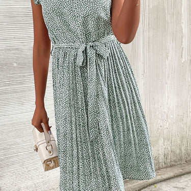 Printed Tie-Waist Flutter Sleeve Pleated Dress - LXM Fashion 