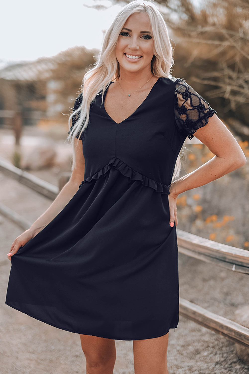Frill Trim Spliced Lace Mini Dress - LXM Fashion 