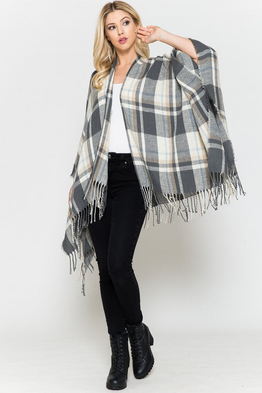Plaid Open Front Kimono with Fringe - LXM Fashion 