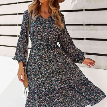 Floral V-Neck Ruffle Swing Dress - LXM Fashion 
