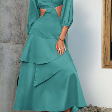 Cutout V-Neck Three-Quarter Sleeve Layered Dress - LXM Fashion 