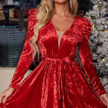 Velvet Puff Sleeve Belted Dress - LXM Fashion 