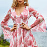 Printed Flare Sleeve Plunge Mini Dress - LXM Fashion 